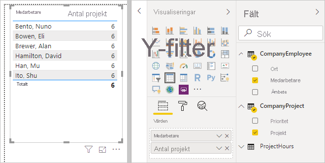 Screenshot of the visualization tab used with the Employee and Project fields.