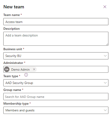 Skärmbild av inställningar för ett nytt Microsoft Entra-team.