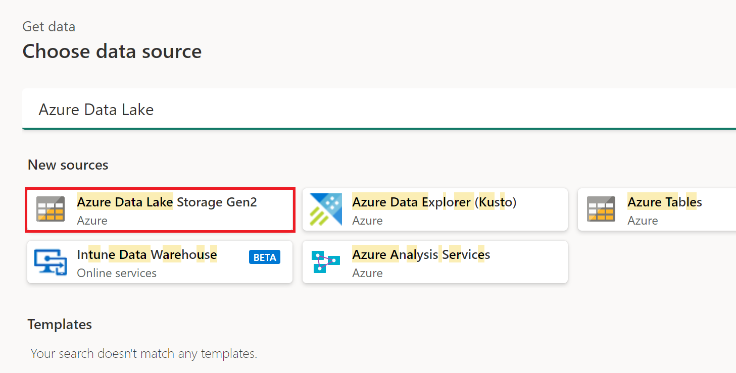 Skärmbild av fönstret hämta data med Azure Data Lake Storage Gen2 framhävt.