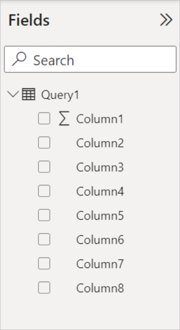 Screenshot of the Fields pane in Power BI, with Query1 now displaying Column1 through Column8.