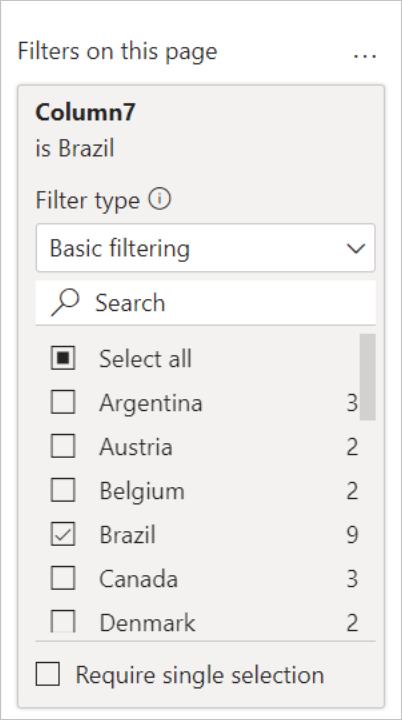 Screenshot of the Filters on this page pane, with Brazil selected as the country/region to display.