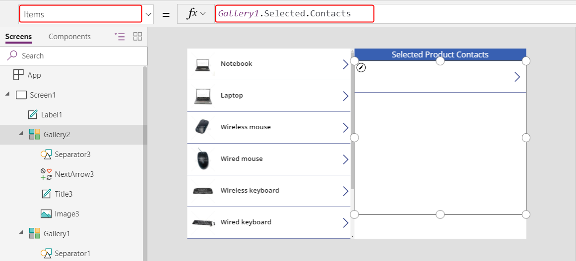 Konfigurera ContactsGallery – Egenskap för Items.
