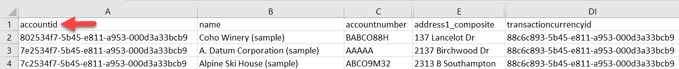 Exempel på exportfil från en Konto-tabell som visar accountid som primärnyckel.