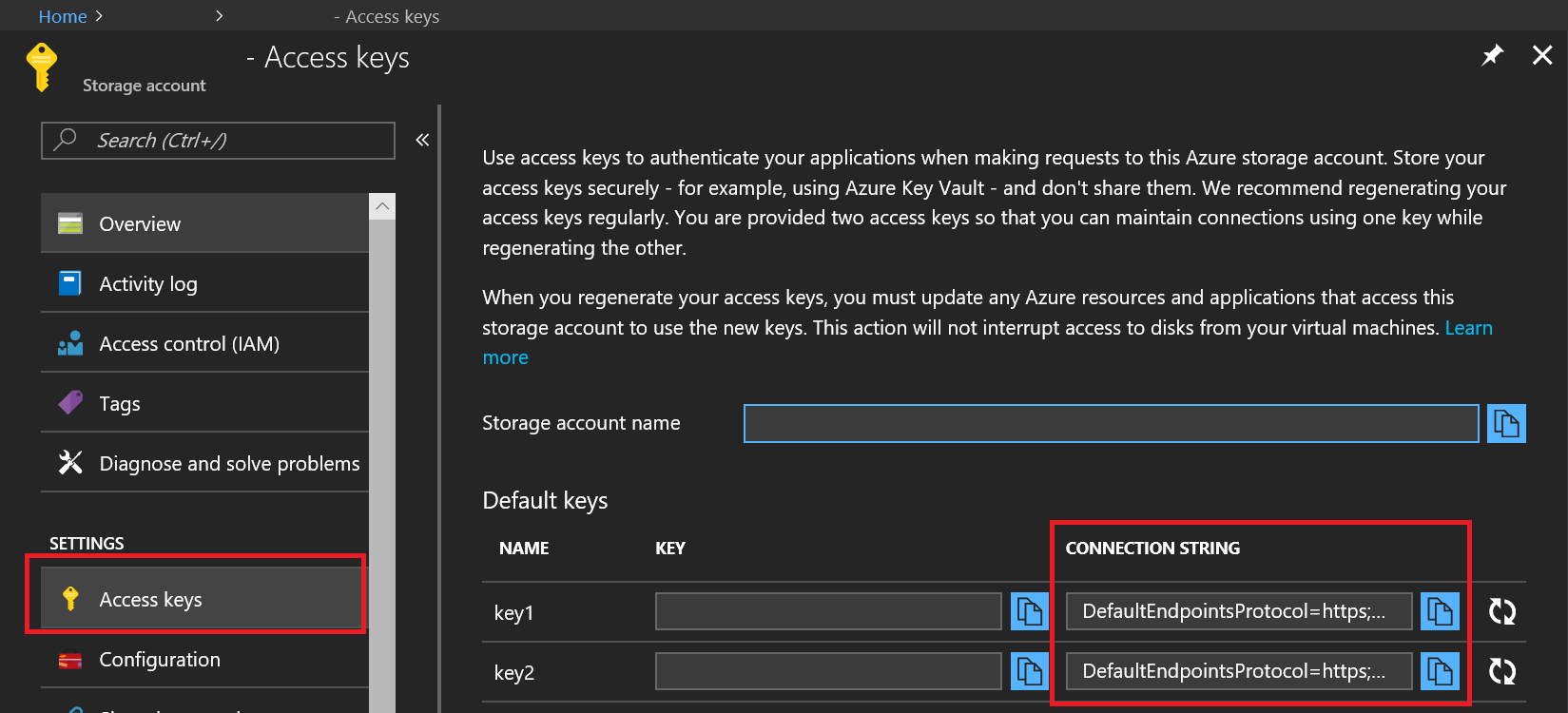 Azure Storage Keys in Azure Portal