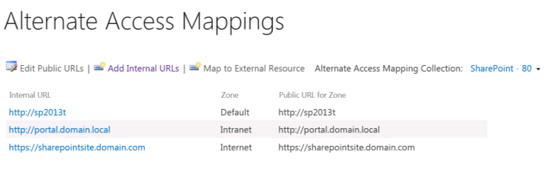 Skärmbild av sidan Alternativ åtkomstmappning, som visar standardzonens URL som Office Online Server använder för att kontakta SharePoint-servern.