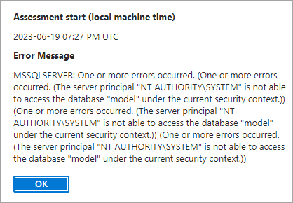 Screenshot showing the error message that server principal isn't able to access the database.