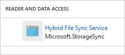 Skärmbild som visar tjänstens huvudnamn för Hybrid File Sync Service på fliken åtkomstkontroll för lagringskontot.
