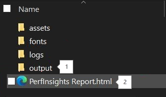 Skärmbild av utdatamappen och HTML-filen perfInsight-rapport i mappstrukturen.