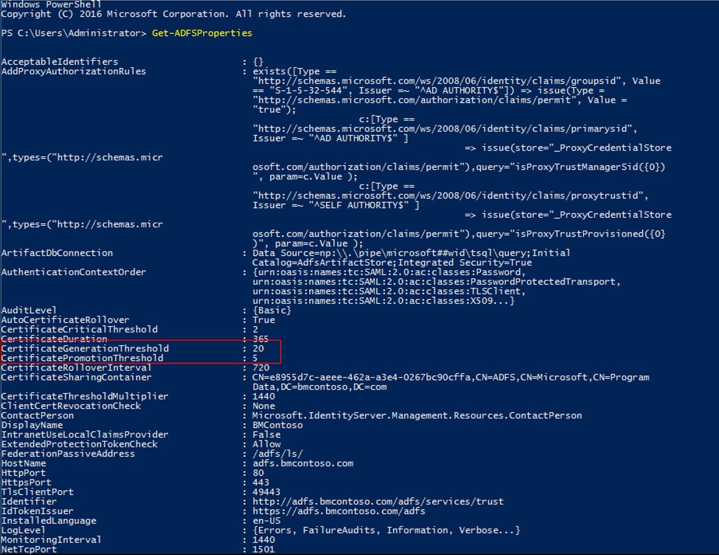 Screenshot of the PowerShell window showing the results of the Get-ADFSProperties command with the Certificate Generation Threshold and Certificate Promotion Threshold properties called out.