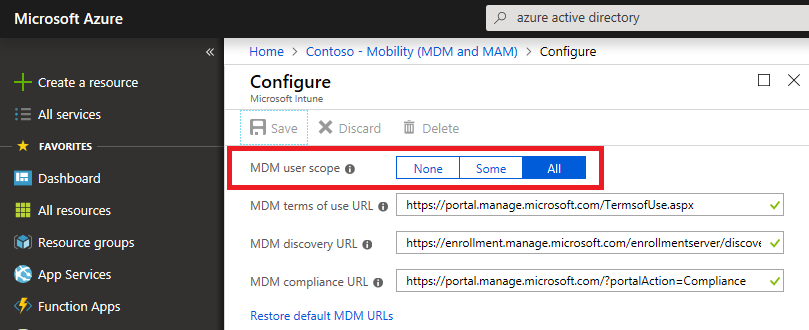 Konfigurera MDM-registrering i Azure.