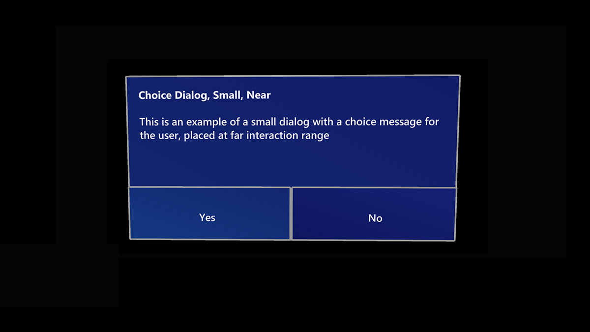 Skärmbild av ett dialogruteöverlägg med knapparna Ja och Nej som visas HoloLens