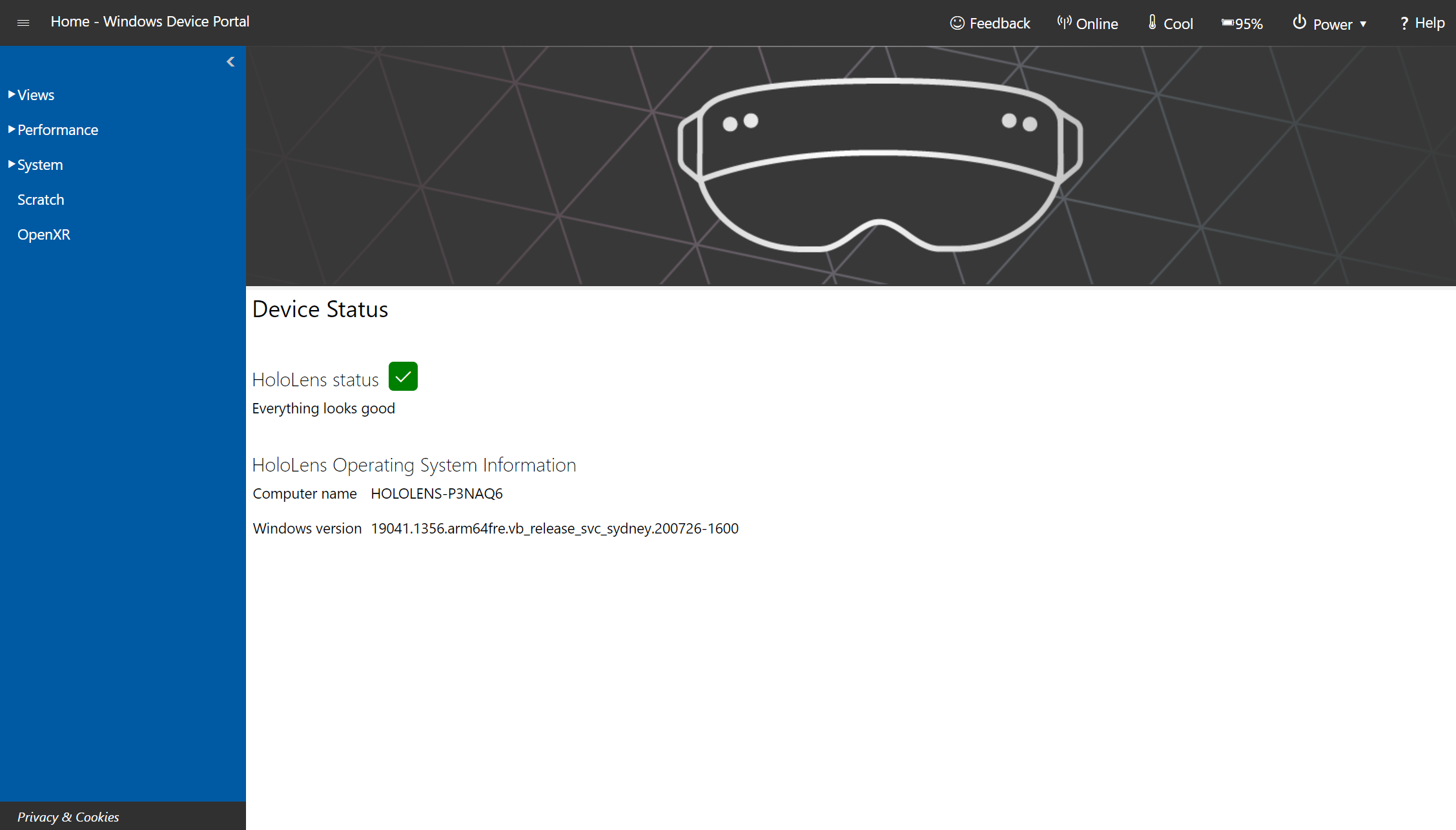 Startsida för Windows-enhetsportalen på Microsoft HoloLens