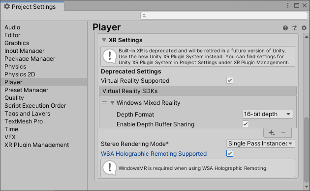 Skärmbild av Project öppnas i Unity-redigeraren med avsnittet Player settings (Spelarinställningar) markerat