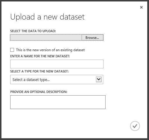 Skärmbild av dialogrutan Ladda upp en ny datauppsättning, som visar knappen Bläddra för användaren att hitta och välja de data som ska laddas upp.