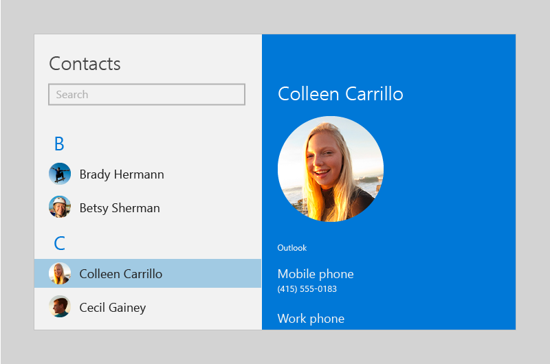 Screenshot that shows the Person Picture control in a list of contacts.