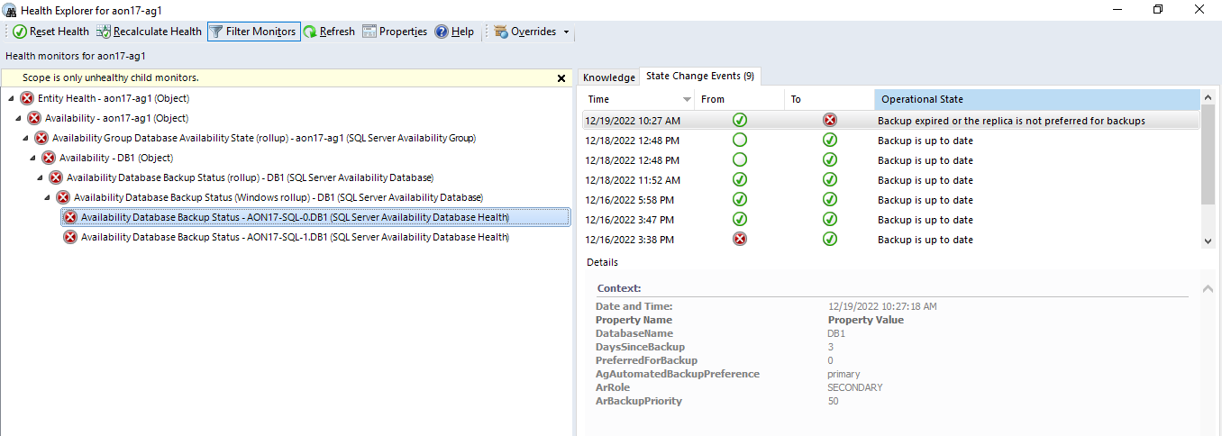 Screenshot of availability database backup status rollup when track backup preference is enable for primary replica.