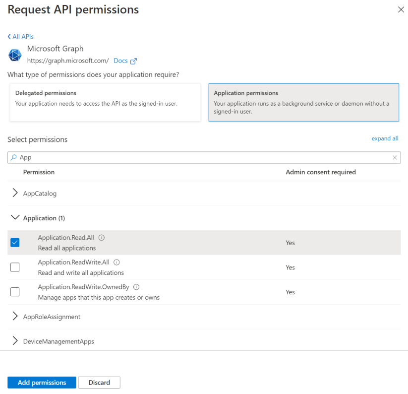 Select Permissions window for Microsoft Graph application permissions.