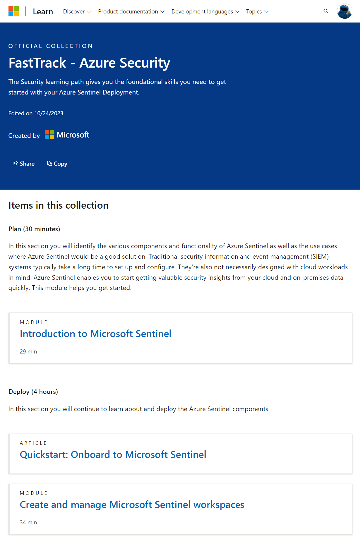 สกรีนช็อตของ FastTrack - Azure Security Official Collection โดย Microsoft