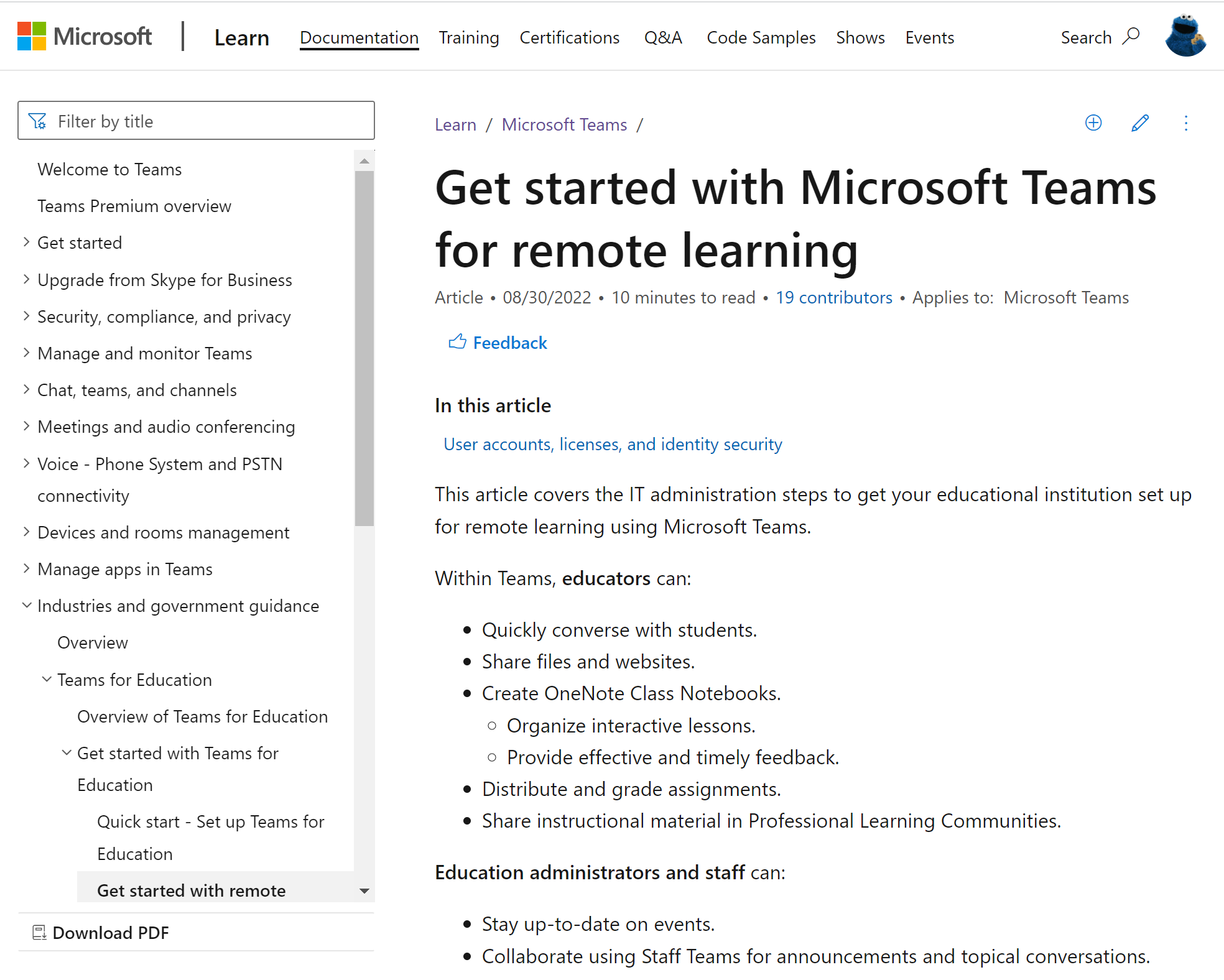 สกรีนช็อตของบทความ 'เริ่มต้นใช้งาน Microsoft Teams สําหรับการเรียนรู้จากระยะไกล