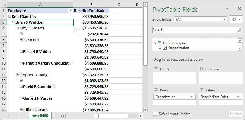 Screenshot of a spreadsheet with the PivotTable Fields dialog box displayed.