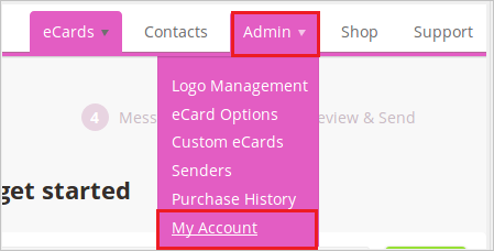 Screenshot of ekarda site UI with My Account highlighted on the Admin menu.