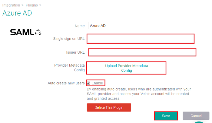 Screenshot shows the Azure A D page where you can enter the values described.