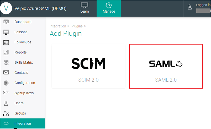 Screenshot shows SAML selected in the Add Plugin page.