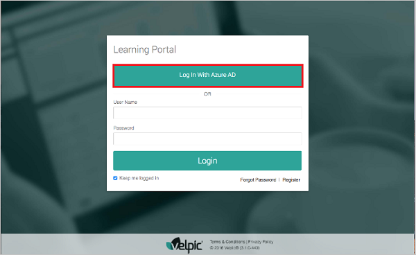 Screenshot shows the Learning Portal with Log In With Azure A D selected.