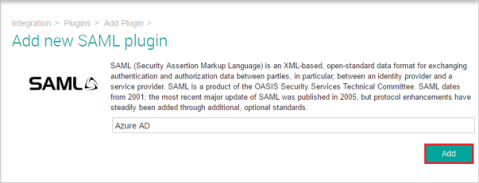 Screenshot shows the Add new SAML plugin dialog box with Azure A D entered.