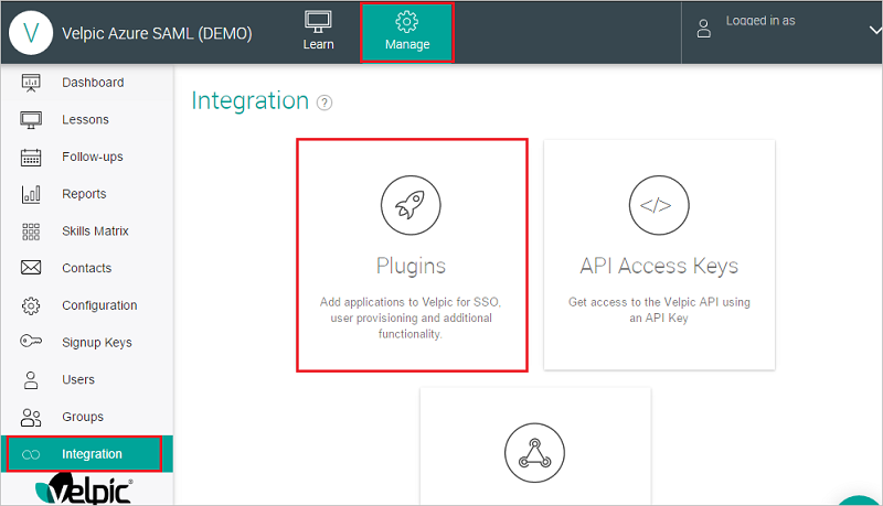 Screenshot shows the Integration page where you can select Plugins.