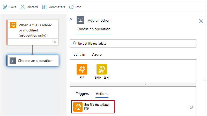Screenshot shows Azure portal, Standard workflow designer, search box with "Azure" selected underneath, and "Get file metadata" action selected.