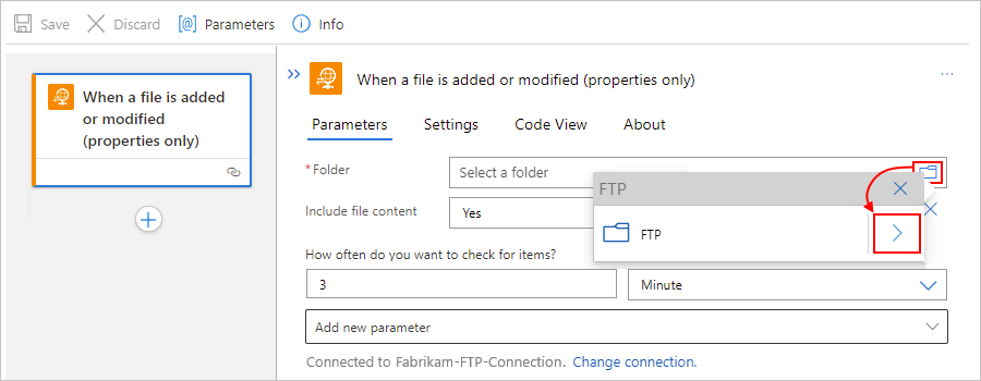 Screenshot shows Standard workflow designer, FTP managed connector trigger, and "Folder" property where browsing for folder to select.