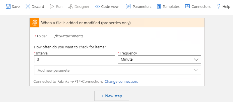 Screenshot shows Consumption workflow designer, FTP trigger, and "Folder" property with selected folder.