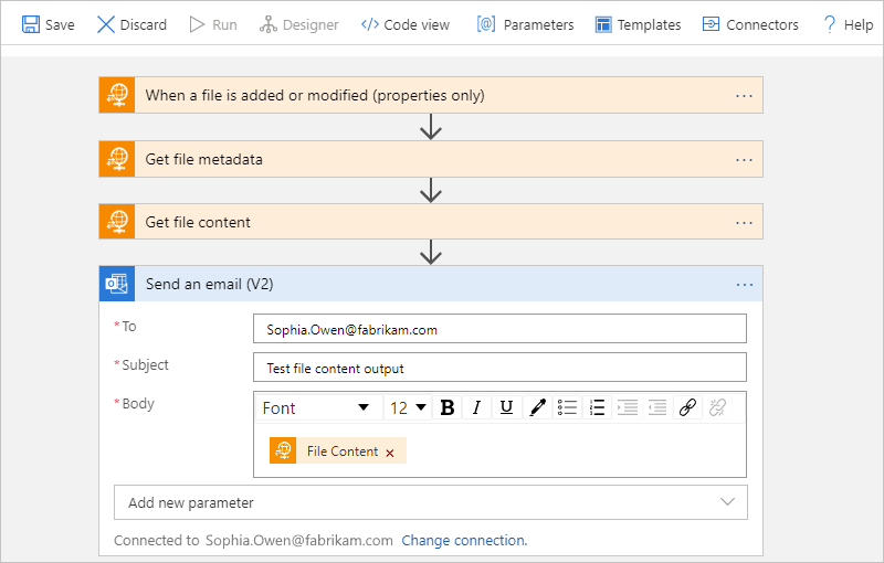 Screenshot shows Consumption workflow designer, "Send an email" action, dynamic content list opened, and "File Content" action output selected.