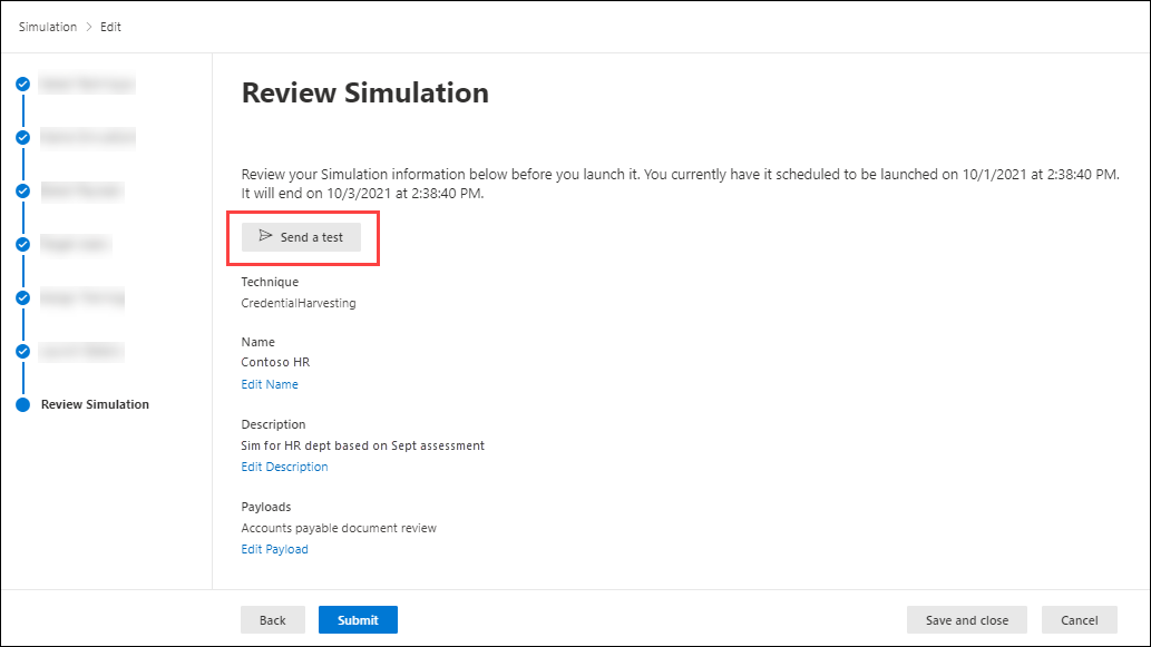 Review simulation page in Attack simulation training in the Microsoft 365 Defender portal.