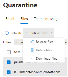 The Bulk actions drop down list for files in quarantine