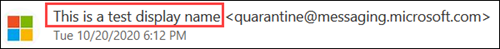 A customized sender display name in a quarantine notification.