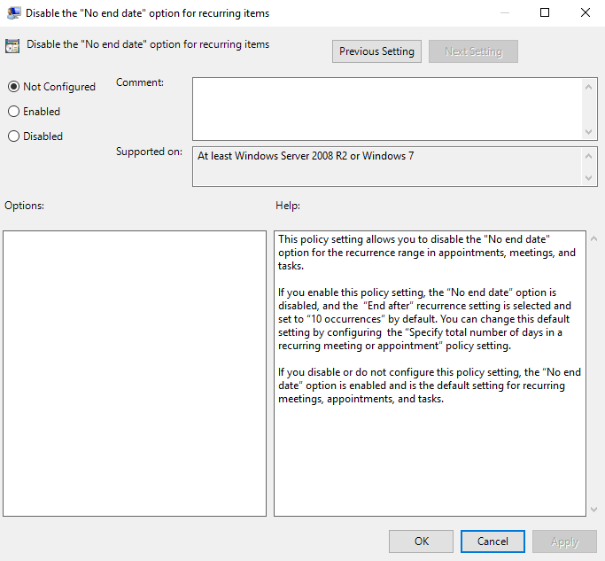 Screenshot of Disable the No end date option for recurring items dialog box.