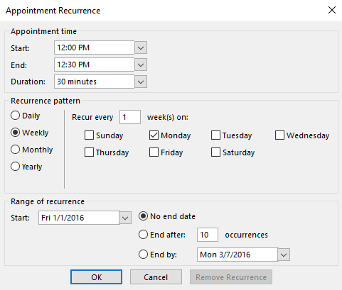Screenshot of Appointments Recurrence settings window.