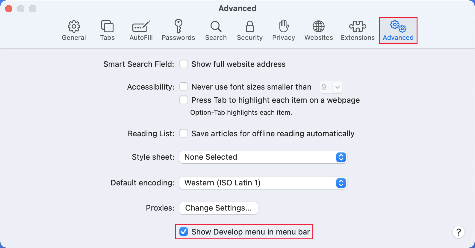 Screenshot of the Safari advanced menu with show develop menu in menu bar selected.