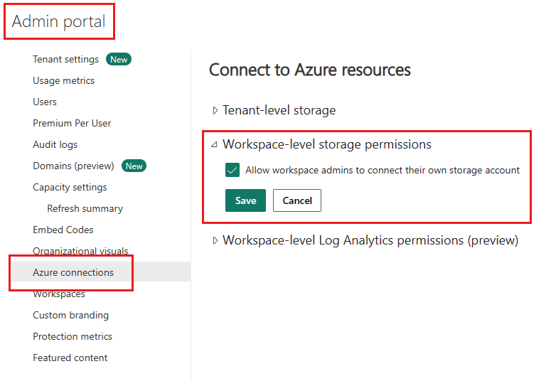 Screenshot of the Allow workspace admins to connect their own Log Analytics workspace checkbox. 