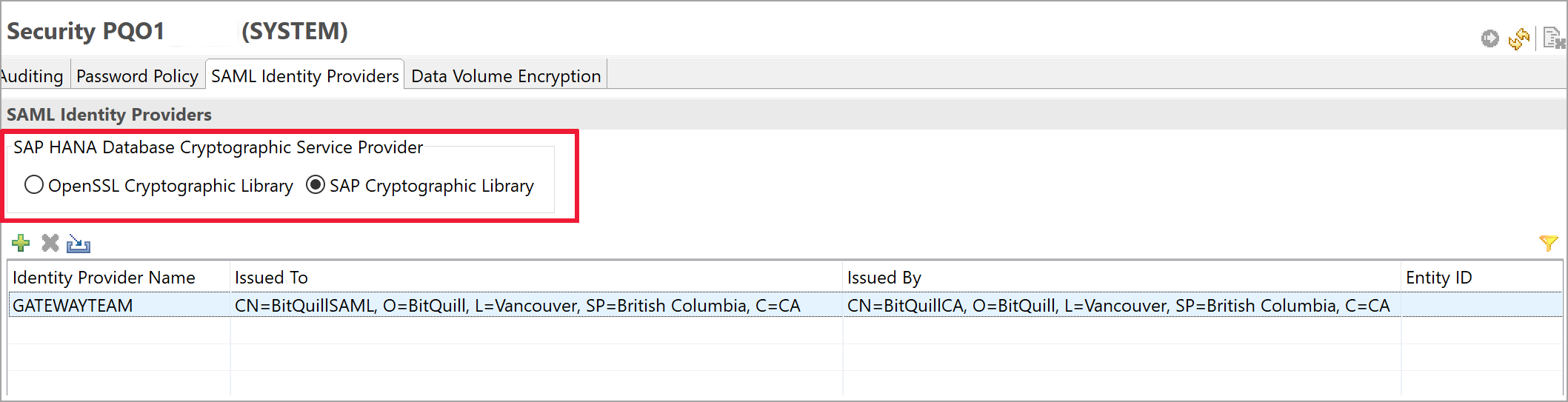 Screenshot of SAP HANA Studio with 'SAP Cryptographic Library' selected as the sslcryptoprovider.