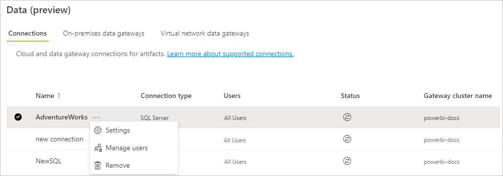 Screenshot that shows the Settings selection for the gateway data source.