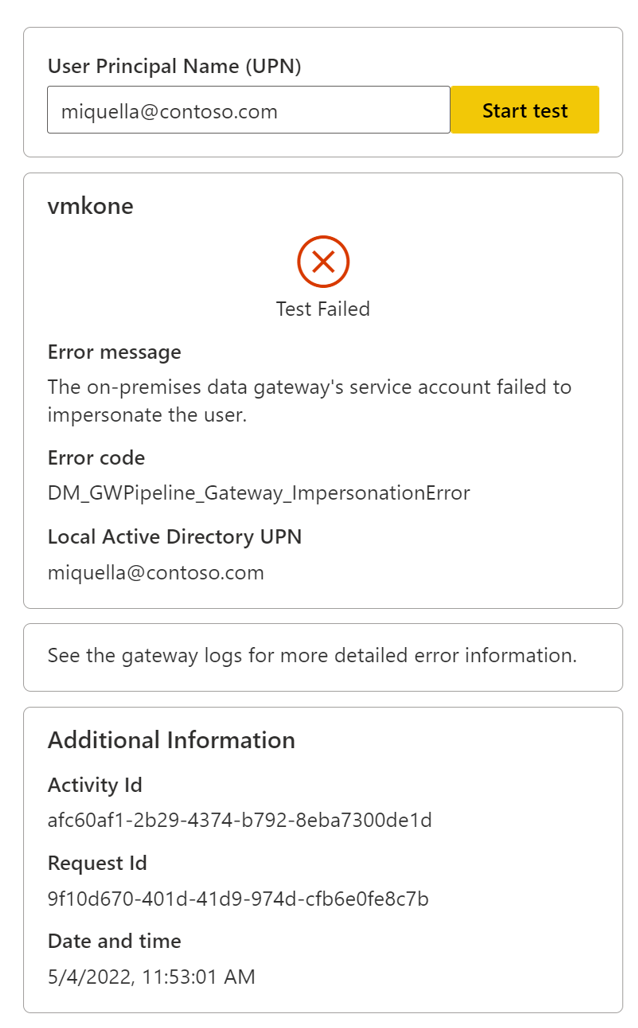 Screenshot of error dialog when testing fails to impersonate the user.
