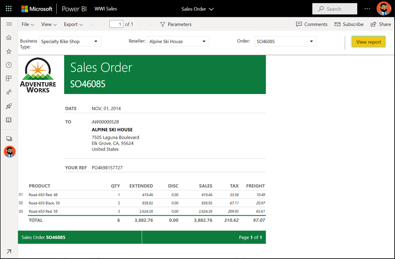 Screenshot showing a sales order with new parameters.