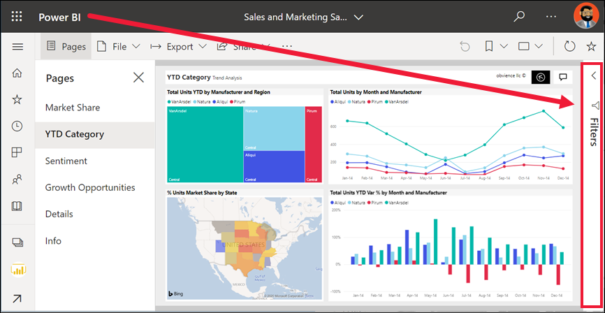 Screenshot of a report open in the Power BI service with the Filters pane selected.