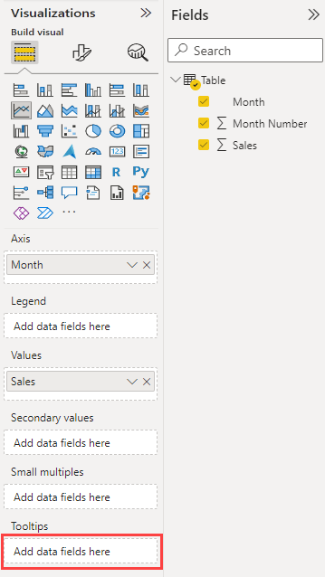 Screenshot of the Power B I service Visualizations and Fields panes. In the Visualizations pane Fields section, the Tooltips fields bucket is called out.