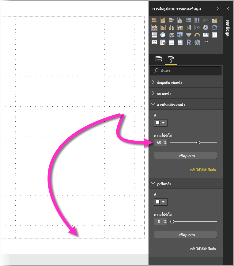 Screenshot of the Visualizations pane, highlighting the Canvas background settings for a dotted border with a transparency greater than 50%.