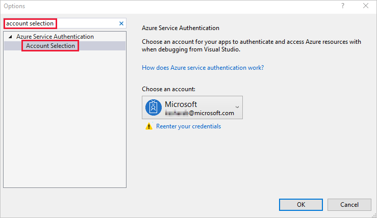 สกรีนช็อตของหน้าต่างตัวเลือก Visual Studio ซึ่งแสดงตัวเลือกการเลือกบัญชีที่เน้นในผลลัพธ์การค้นหา