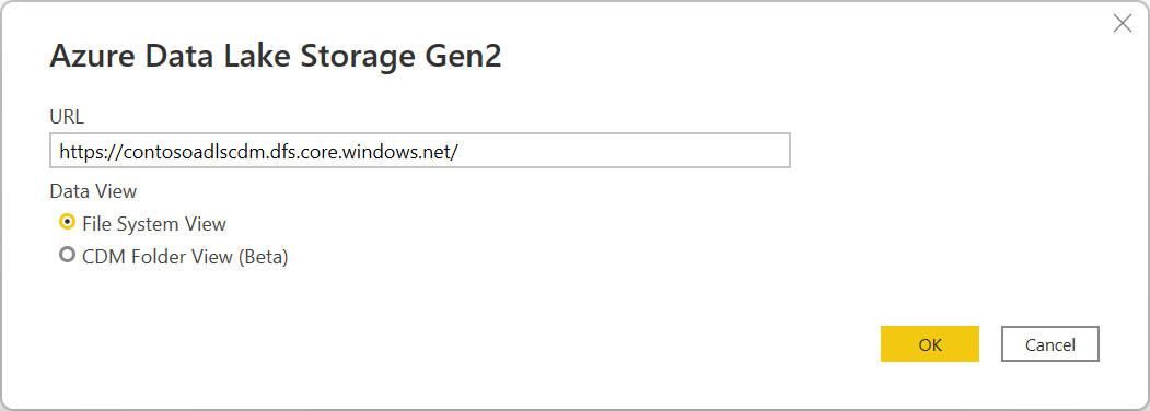 ภาพหน้าจอของกล่องโต้ตอบ Azure Data Lake Storage รุ่น2 ที่มี URL ที่ป้อน